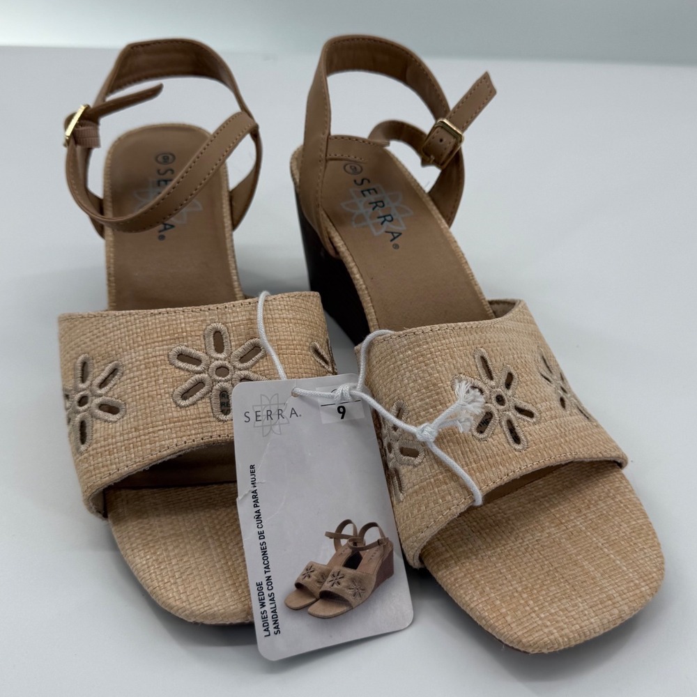 Serra Ladies Wedge Sandals Sz 9 Tan Beige Floral Eyelet Raffia Boho Cottagecore